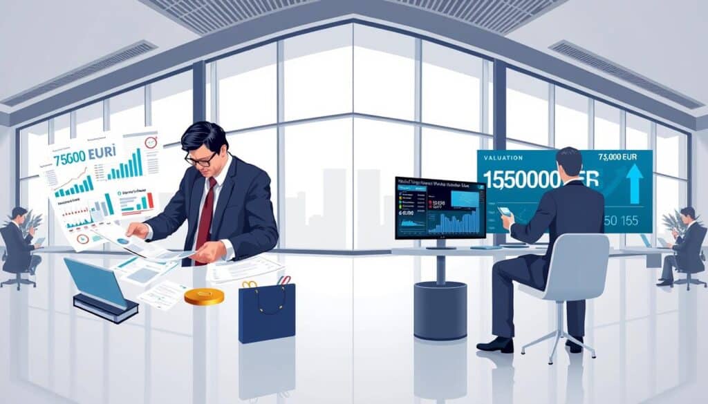 A split-screen illustration comparing valuation methods for insurance, with two distinct sections. On the left, depict a professional business setting with a person in business attire examining financial documents, surrounded by graphs and charts illustrating the 7,500 EUR valuation method. On the right, a similar scene with a different individual in business attire focused on digital screens displaying data points for the 15,000 EUR method, suggesting modern technology integration. The background features a sleek office environment with large windows allowing natural light to illuminate the spaces. Use a balanced composition that guides the viewer’s eye from one valuation method to the other, conveying a sense of professionalism, analysis, and comparison.
