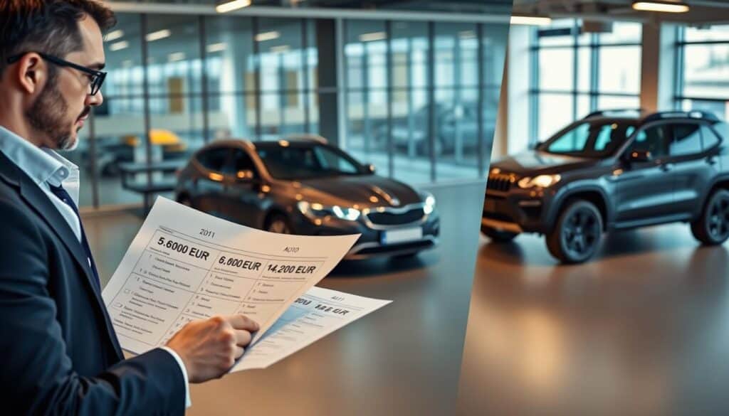 A split-screen image depicting vehicle valuation comparisons in a professional, analytical setting. In the foreground, a confident insurance analyst in business attire reviews detailed valuation sheets, with numbers like "6,800 EUR" and "14,200 EUR" visible but no text overlays. The middle ground features two cars, a sleek sedan and a rugged SUV, each with a subtle spotlight highlighting their value, as if appraised side by side. The background showcases a modern office with large windows allowing natural light, adding a bright ambiance. The scene conveys a mood of professionalism and clarity, emphasizing the importance of choosing the right vehicle valuation. Soft focus effects enhance depth, with a clear lens perspective.