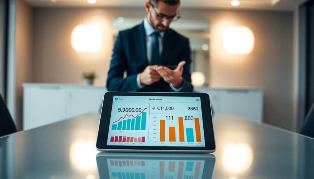 A visual comparison of insurance quotes, highlighting two distinct figures: €5,900 and €11,800. In the foreground, a sleek, modern desk holds a digital tablet displaying graphs and charts that represent the different valuations, with clear distinctions in color for easy comparison. In the middle ground, a professional business person, dressed in smart attire, analyzes the data critically, showing engagement and focus. The background consists of an elegant office setting with soft ambient lighting that creates a calm yet analytical atmosphere. The scene is captured from a slight overhead angle, emphasizing both the tablet and the individual. The mood is one of professionalism and thoughtful analysis, perfect for illustrating the key findings of the valuation comparisons. A visual comparison of insurance quotes, highlighting two distinct figures: €5,900 and €11,800. In the foreground, a sleek, modern desk holds a digital tablet displaying graphs and charts that represent the different valuations, with clear distinctions in color for easy comparison. In the middle ground, a professional business person, dressed in smart attire, analyzes the data critically, showing engagement and focus. The background consists of an elegant office setting with soft ambient lighting that creates a calm yet analytical atmosphere. The scene is captured from a slight overhead angle, emphasizing both the tablet and the individual. The mood is one of professionalism and thoughtful analysis, perfect for illustrating the key findings of the valuation comparisons.