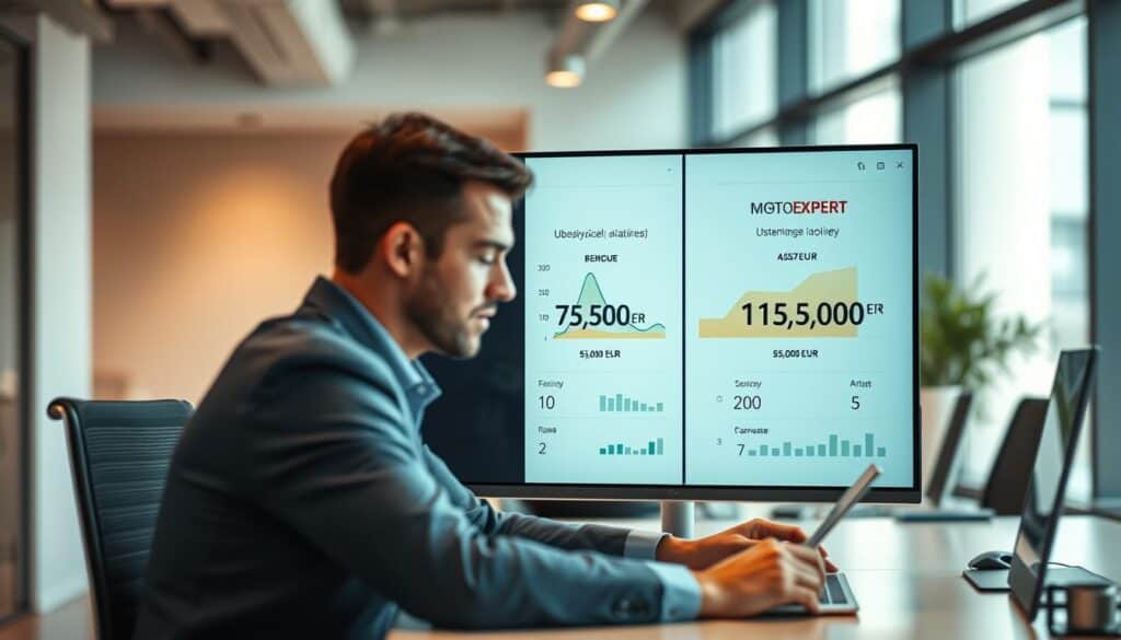 A visually compelling comparison between two distinct insurance offers, "Ubezpieczyciel" at 7,500 EUR and "MOTOEXPERT" at 15,000 EUR. In the foreground, a professional business analyst is seated at a sleek workspace, examining charts and graphs representing the two offers. Middle ground features a digital display showcasing a split view of the two policies with numerical comparisons and graphical elements highlighting the differences. The background contains a modern office environment with soft, natural lighting filtering through large windows, creating a bright and inviting atmosphere. The angle is slightly above eye level, providing a clear view of the analyst's focused expressions and the detailed comparison. The mood is analytical and professional, emphasizing a clear assessment of the bids. A visually compelling comparison between two distinct insurance offers, "Ubezpieczyciel" at 7,500 EUR and "MOTOEXPERT" at 15,000 EUR. In the foreground, a professional business analyst is seated at a sleek workspace, examining charts and graphs representing the two offers. Middle ground features a digital display showcasing a split view of the two policies with numerical comparisons and graphical elements highlighting the differences. The background contains a modern office environment with soft, natural lighting filtering through large windows, creating a bright and inviting atmosphere. The angle is slightly above eye level, providing a clear view of the analyst's focused expressions and the detailed comparison. The mood is analytical and professional, emphasizing a clear assessment of the bids.