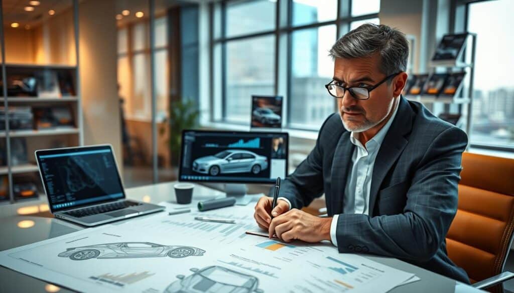 An expert automotive consultant analyzing vehicle valuation methods, positioned in a bright, modern office. In the foreground, a middle-aged man in professional business attire, focused and writing on a notepad, surrounded by car blueprints and valuation reports on the desk. In the middle, detailed automotive diagrams and a laptop displaying sophisticated valuation software, highlighting data analysis. The background features glass windows with a city view and shelves filled with automotive magazines. Soft, natural lighting illuminates the scene, creating a professional and analytical atmosphere. The camera angle is slightly above eye level, providing a comprehensive view of the workspace while maintaining a clear focus on the consultant's engaged expression.