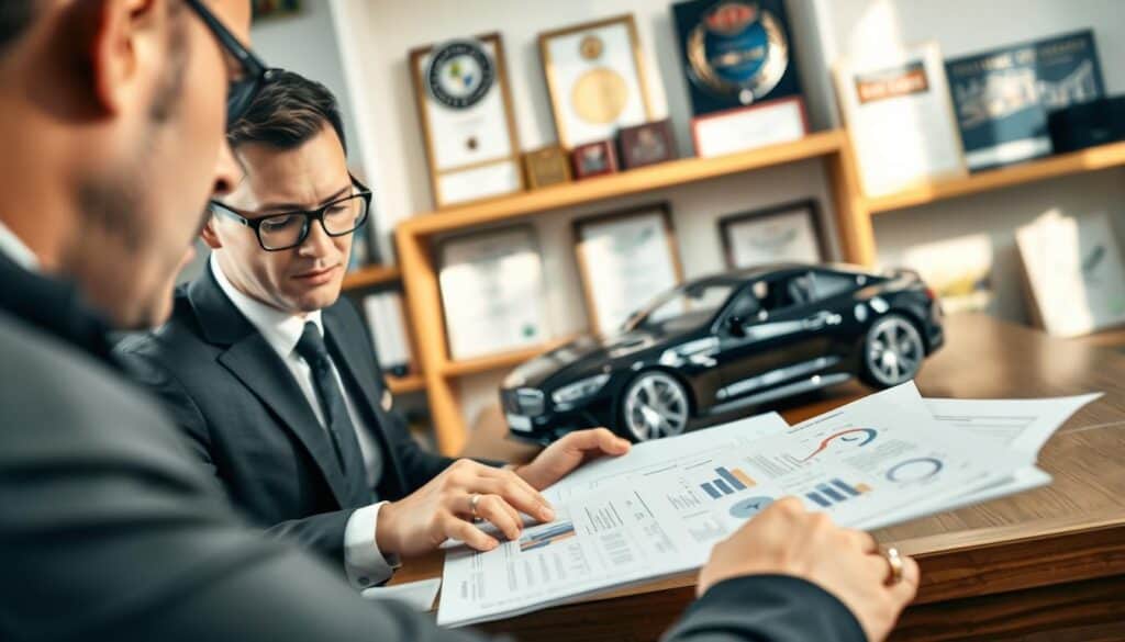 An office scene featuring a professional automotive appraiser from MOTOEXPERT, dressed in a formal business suit, reviewing documents on a wooden desk. The foreground showcases a detailed close-up of the appraiser's focused expression as they examine a vehicle valuation report, highlighting figures and graphs. In the middle ground, a sleek car model is positioned prominently, symbolizing the appraisal work. The background displays shelves filled with automotive books and certification plaques, conveying an atmosphere of expertise and professionalism. Soft, natural lighting filters through a window, casting gentle shadows that enhance the seriousness of the scene. The overall mood is one of trust, diligence, and thoroughness, emphasizing the analytical nature of vehicle appraisal. An office scene featuring a professional automotive appraiser from MOTOEXPERT, dressed in a formal business suit, reviewing documents on a wooden desk. The foreground showcases a detailed close-up of the appraiser's focused expression as they examine a vehicle valuation report, highlighting figures and graphs. In the middle ground, a sleek car model is positioned prominently, symbolizing the appraisal work. The background displays shelves filled with automotive books and certification plaques, conveying an atmosphere of expertise and professionalism. Soft, natural lighting filters through a window, casting gentle shadows that enhance the seriousness of the scene. The overall mood is one of trust, diligence, and thoroughness, emphasizing the analytical nature of vehicle appraisal.