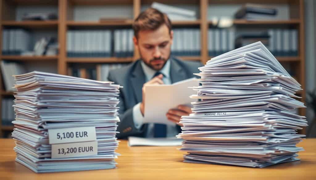 In a professional office environment, two contrasting piles of paperwork symbolize the valuation traps in insurance. In the foreground, a neat stack labeled "6,100 EUR" stands rigidly to the left, while a chaotic pile marked "13,200 EUR" leans precariously to the right, hinting at uncertainty. In the middle ground, a thoughtful business professional in business attire examines a document under warm, focused lighting that highlights their furrowed brow, conveying a sense of concern. The background features a blurred office with shelves of books and financial reports, enhancing the atmosphere of an analytical, yet tense setting. A soft focus and a slight depth of field add to the realism, emphasizing the struggle of navigating complex valuations. In a professional office environment, two contrasting piles of paperwork symbolize the valuation traps in insurance. In the foreground, a neat stack labeled "6,100 EUR" stands rigidly to the left, while a chaotic pile marked "13,200 EUR" leans precariously to the right, hinting at uncertainty. In the middle ground, a thoughtful business professional in business attire examines a document under warm, focused lighting that highlights their furrowed brow, conveying a sense of concern. The background features a blurred office with shelves of books and financial reports, enhancing the atmosphere of an analytical, yet tense setting. A soft focus and a slight depth of field add to the realism, emphasizing the struggle of navigating complex valuations.