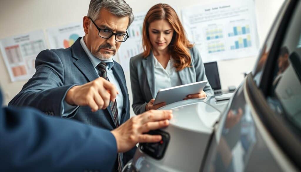 A close-up view of two professionals examining a damaged car in a well-lit office. In the foreground, a middle-aged male insurance adjuster in a suit points at the car's dented fender, his focused expression conveying analytical thought. Beside him, a female appraiser in a smart casual outfit takes notes on a tablet. In the middle ground, the car, clearly showing damage, is placed against a backdrop of office equipment like a laptop and documents, symbolizing the valuation process. The background features charts and comparison lists related to car valuations. The overall mood is serious and professional, with bright, natural lighting highlighting the intensity of their discussion about key factors influencing damage estimates. The camera angle is slightly tilted downwards for an immersive effect.