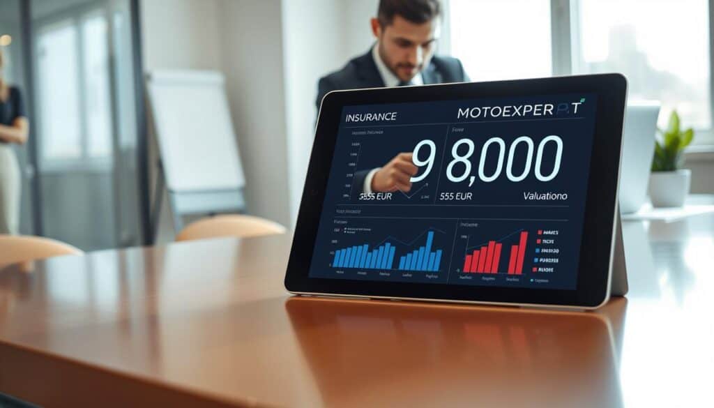 A compelling comparison of insurance valuation amounts, featuring two contrasting figures: an elegant digital display showing "5,555 EUR" for the insurer on the left, and "9,800 EUR" for MOTOEXPERT on the right. In the foreground, a sleek, modern tablet rests on a polished desk, displaying graphs and charts that illustrate the valuation differences. The middle ground features a subtle backdrop of an office environment, with a businessperson in professional attire analyzing the data. Bright, natural lighting floods the scene through a nearby window, casting soft shadows, creating an inviting, professional atmosphere. The camera angle is slightly above the tablet, focusing on the contrasting figures while drawing attention to the analytical process involved in the comparison.