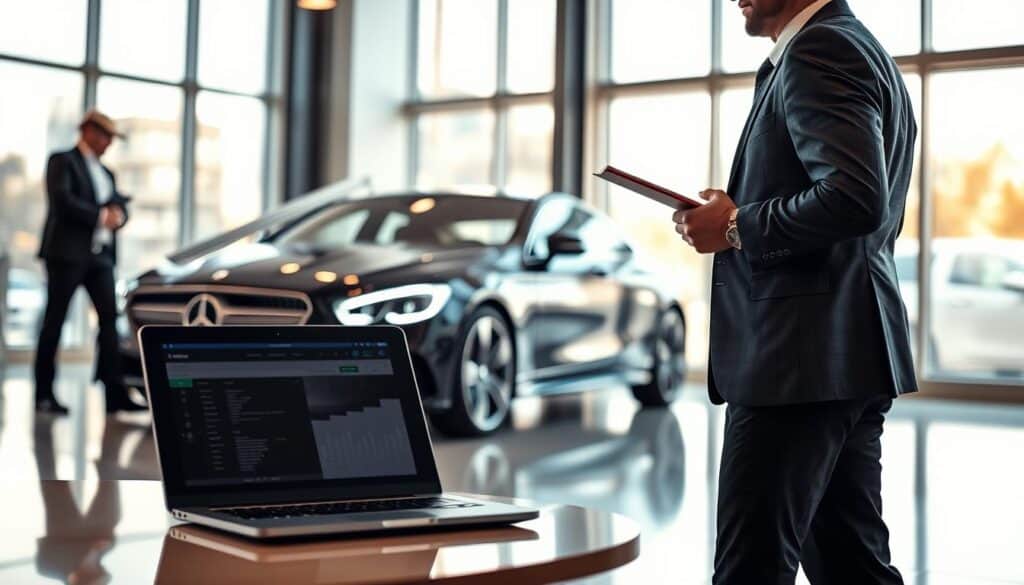 A detailed and vibrant scene depicting a vehicle appraisal process. In the foreground, a professional appraiser, dressed in business attire, is examining a car on a well-lit showroom floor. The appraiser holds a clipboard with notes, and there’s a laptop open on a nearby table displaying vehicle data. In the middle ground, an elegant car is highlighted, showcasing its features with soft reflections. The background presents a modern office environment, with large windows letting in natural light, creating a warm and inviting atmosphere. The overall mood feels professional and focused, emphasizing the importance of accurate vehicle valuation in a competitive market. A detailed and vibrant scene depicting a vehicle appraisal process. In the foreground, a professional appraiser, dressed in business attire, is examining a car on a well-lit showroom floor. The appraiser holds a clipboard with notes, and there’s a laptop open on a nearby table displaying vehicle data. In the middle ground, an elegant car is highlighted, showcasing its features with soft reflections. The background presents a modern office environment, with large windows letting in natural light, creating a warm and inviting atmosphere. The overall mood feels professional and focused, emphasizing the importance of accurate vehicle valuation in a competitive market.
