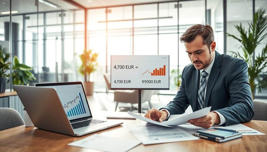 A detailed depiction of an insurance valuation process in a modern office setting. In the foreground, a professional in business attire evaluates documents on a desk, with a laptop open displaying financial graphs. In the middle, a digital screen shows a comparative analysis between 4,700 EUR and 9,900 EUR, emphasizing data and charts. The background features a sleek office design with glass walls, contemporary furniture, and plants for a touch of nature. Bright, natural lighting filters through large windows, creating a warm and inviting atmosphere. The composition conveys a serious yet professional mood, illustrating the diligence involved in the insurance valuation process without any distractions or text. A detailed depiction of an insurance valuation process in a modern office setting. In the foreground, a professional in business attire evaluates documents on a desk, with a laptop open displaying financial graphs. In the middle, a digital screen shows a comparative analysis between 4,700 EUR and 9,900 EUR, emphasizing data and charts. The background features a sleek office design with glass walls, contemporary furniture, and plants for a touch of nature. Bright, natural lighting filters through large windows, creating a warm and inviting atmosphere. The composition conveys a serious yet professional mood, illustrating the diligence involved in the insurance valuation process without any distractions or text.