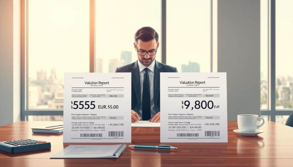 A detailed illustration contrasting two valuation reports for insurance claims, set in a modern office environment. In the foreground, two side-by-side documents, one labeled with "5,555 EUR" and the other with "9,800 EUR," are displayed on a polished wooden desk, surrounded by a calculator, a pen, and a cup of coffee, emphasizing the financial context. In the middle ground, a professional (dressed in a business suit) analyzes the documents, showcasing deep concentration. In the background, a large window offers a city skyline view under bright daylight, adding a sense of clarity and focus to the scene. Soft, natural lighting enhances the mood, creating an atmosphere of professionalism and analytical thinking.