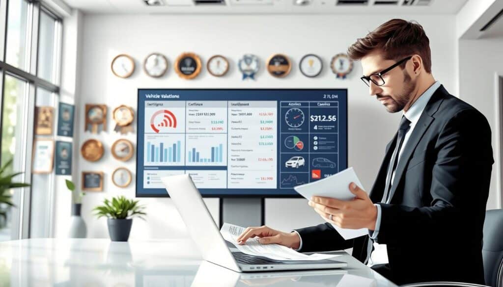 A detailed illustration of an insurance pricing process in a modern office setting. The foreground features a focused insurance adjuster, dressed in professional business attire, analyzing documents and data on a sleek laptop. In the middle, a large interactive touchscreen displays insightful charts and figures related to vehicle valuations, with a clear emphasis on numerical comparisons. In the background, a contemporary office environment showcases a wall of awards and certifications, emphasizing trust and expertise. Soft, natural lighting filters through large windows, creating a calm and professional atmosphere, while a slight depth of field draws attention to the adjuster and the insights they are scrutinizing. The overall mood is focused and analytical, depicting a serious approach to insurance valuation.