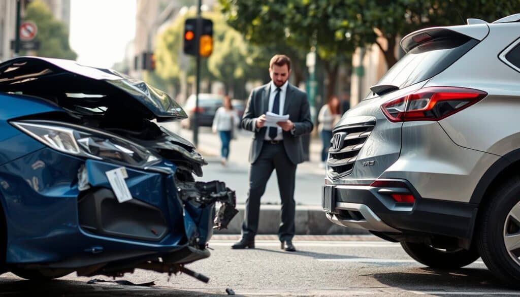 A detailed scene depicting a collision involving two cars in an urban environment, showcasing vehicular damage prominently in the foreground. The first car, a blue sedan, has crumpled front fenders and shattered glass, while the second vehicle, a silver SUV, displays a dented rear. In the middle ground, a professional insurance adjuster in business attire examines the damage and takes notes, conveying a sense of evaluation and assessment. The background features a city street with blurred pedestrians and traffic, adding dynamism to the scene. Soft afternoon sunlight casts gentle shadows, creating a calm yet serious atmosphere. The focus is sharp on the cars and the adjuster, with a shallow depth of field enhancing the significance of the valuation process.