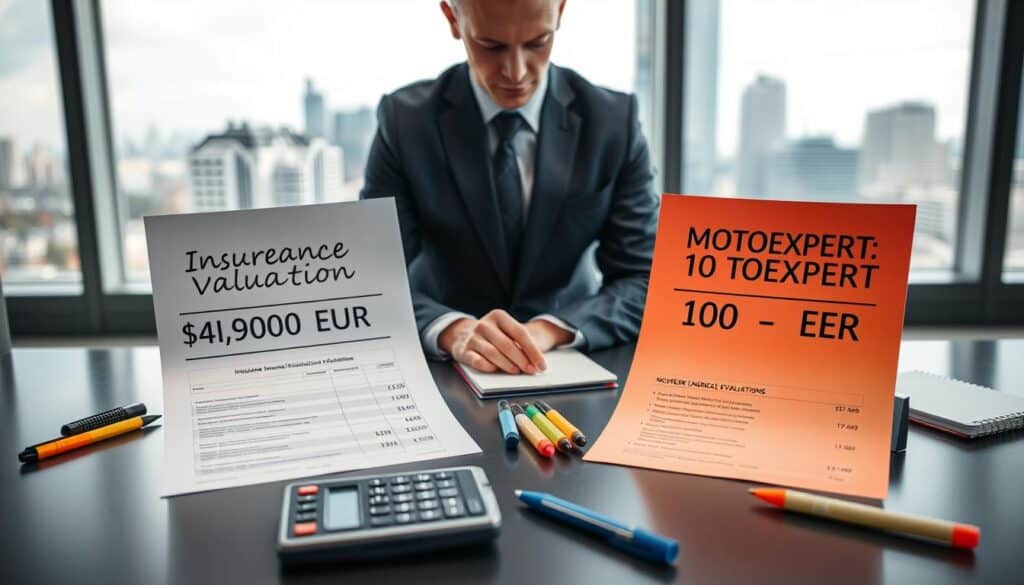 A detailed scene depicting a side-by-side comparison of insurance evaluations on a sleek modern desk. On the left, a document titled "Insurance Valuation: 4,900 EUR" with neutral colors, on the right, a vibrant document labeled "MOTOEXPERT: 10,200 EUR." In the foreground, an elegant calculator, a set of highlighting pens, and notepads scattered, suggesting active discussion. The middle features a well-dressed businessperson analyzing the documents, focused and attentive, with a professional demeanor. In the background, a large window showcasing a city skyline with soft natural light filtering in creates an inviting atmosphere. The mood is analytical and serious, emphasizing the importance of accurate evaluations.