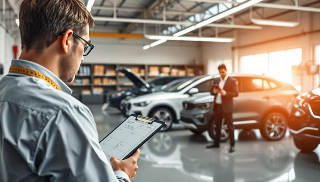A detailed scene depicting automotive inspections with a focus on vehicle valuation. In the foreground, a professional appraiser in business attire examines a car with tools like a measuring tape and a clipboard, showcasing diligence and expertise. The middle ground features a modern garage environment with various vehicles, highlighting different levels of damage and the contrast in valuation. Soft, natural lighting from overhead fluorescent fixtures casts clear reflections on the polished floors, creating a clean, polished atmosphere. In the background, shelves filled with automotive manuals and valuation books hint at the complexity of automotive appraisal. This image conveys professionalism, precision, and the evolving trends in vehicle damage assessments in a modern setting.