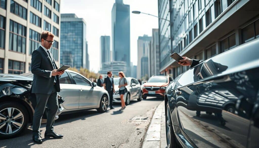 A detailed scene illustrating the concept of "szkody komunikacyjne," set in a modern German city. In the foreground, a professional businessperson in smart attire examines car accident damage on a sleek vehicle, using a tablet to assess the situation. In the middle, other vehicles are parked on a clean urban street, some with minor damage, while a couple of pedestrians look on curiously. In the background, skyscrapers and modern architecture symbolize the evolution of the insurance industry. The lighting is bright and optimistic, suggesting a sunny day. The angle should be slightly elevated to capture the entire scene with a wide perspective. The atmosphere is one of professionalism and forward-thinking, emphasizing the future of insurance valuations in Germany.