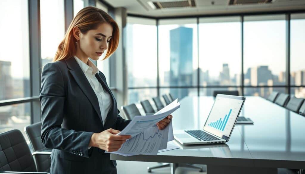 A modern insurance office setting showcasing the concept of property insurance. In the foreground, a professional-looking businesswoman in a tailored suit, examining financial documents related to insurance valuations. The middle ground features a stylish conference table with a laptop open, displaying graphs and charts. In the background, large windows let in soft, natural light, illuminating a bustling cityscape outside, symbolizing the insurance market. The atmosphere is focused and analytical, with a sense of urgency conveyed through the woman's expression and posture. The color palette should include cool tones of blue and gray, evoking a sense of professionalism and trust. The image should maintain a clean and polished aesthetic without any text or distractions.