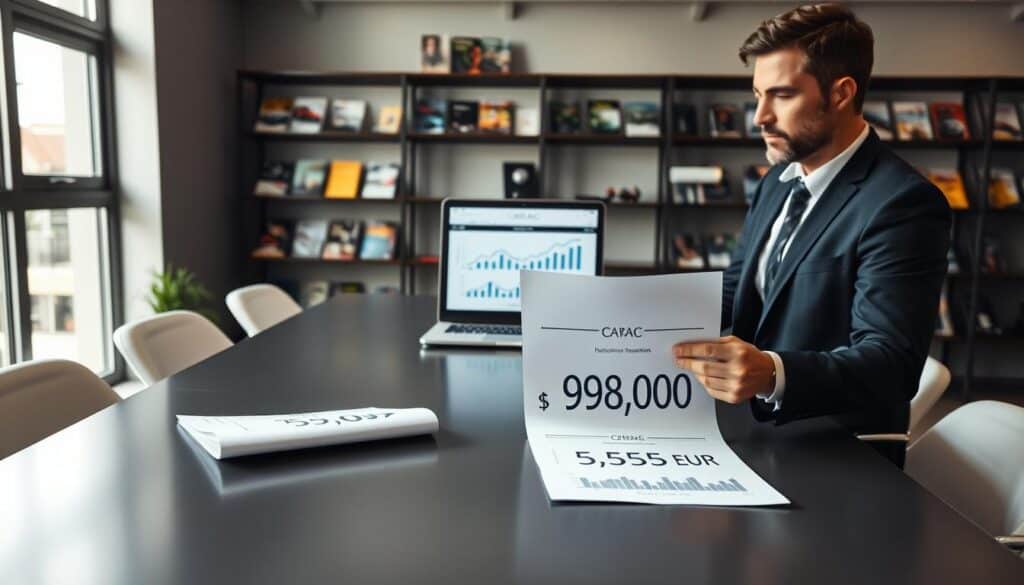 A modern office environment with a professional setting, filled with natural light streaming through large windows. In the foreground, a confident professional in business attire is analyzing two reports on a sleek conference table, showcasing comparative figures related to car insurance valuations. The first report shows a value of 5,555 EUR, while the second report prominently displays 9,800 EUR, both rendered on crisp white paper. In the middle, a sophisticated laptop is open, with financial graphs and charts visible on the screen. In the background, shelves filled with automotive magazines and insurance pamphlets create a knowledgeable atmosphere. The overall mood is analytical and focused, reflecting a serious discussion about car insurance assessments. Soft lighting enhances the professional ambiance, while the camera angle offers a slight overhead view, making the scene appear dynamic and engaging.
