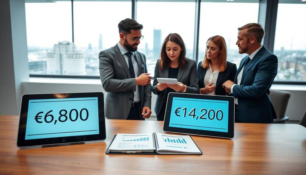 A modern office setting showcasing a professional comparison between two insurance valuations. In the foreground, a sleek wooden table holds two digital tablets displaying the figures: "€6,800" and "€14,200." Beside the tablets, a notepad with notes and graphs illustrates key points. In the middle ground, a diverse group of three professionals—two men and one woman—dressed in smart business attire, discuss the data with focused expressions. Soft, diffused lighting from overhead fixtures enhances the clarity of the screens and the intentness of their conversation. In the background, a large window reveals a cityscape, suggesting a bustling corporate environment. The overall mood is analytical and collaborative, reflecting a serious approach to client recommendations. A modern office setting showcasing a professional comparison between two insurance valuations. In the foreground, a sleek wooden table holds two digital tablets displaying the figures: "€6,800" and "€14,200." Beside the tablets, a notepad with notes and graphs illustrates key points. In the middle ground, a diverse group of three professionals—two men and one woman—dressed in smart business attire, discuss the data with focused expressions. Soft, diffused lighting from overhead fixtures enhances the clarity of the screens and the intentness of their conversation. In the background, a large window reveals a cityscape, suggesting a bustling corporate environment. The overall mood is analytical and collaborative, reflecting a serious approach to client recommendations.