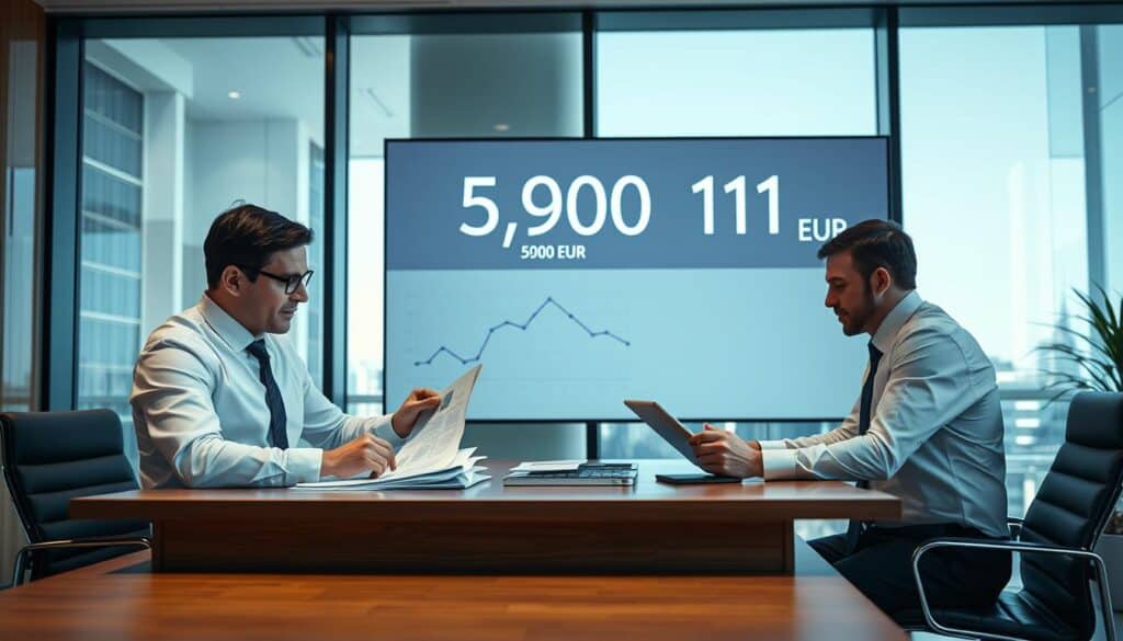 A professional and modern office environment showcasing two insurance agents in smart business attire. In the foreground, one agent is analyzing documents on a sleek wooden desk, with charts and graphs representing insurance valuations, adding a sense of urgency and scrutiny. The middle ground features a large digital screen displaying contrasting figures of 5,900 EUR and 11,800 EUR, subtly illuminated to highlight the differences. The background includes a large window with city views, soft natural light pouring in, creating a bright and professional atmosphere. The mood is analytical and focused, capturing the essence of client opinions regarding insurance valuations.