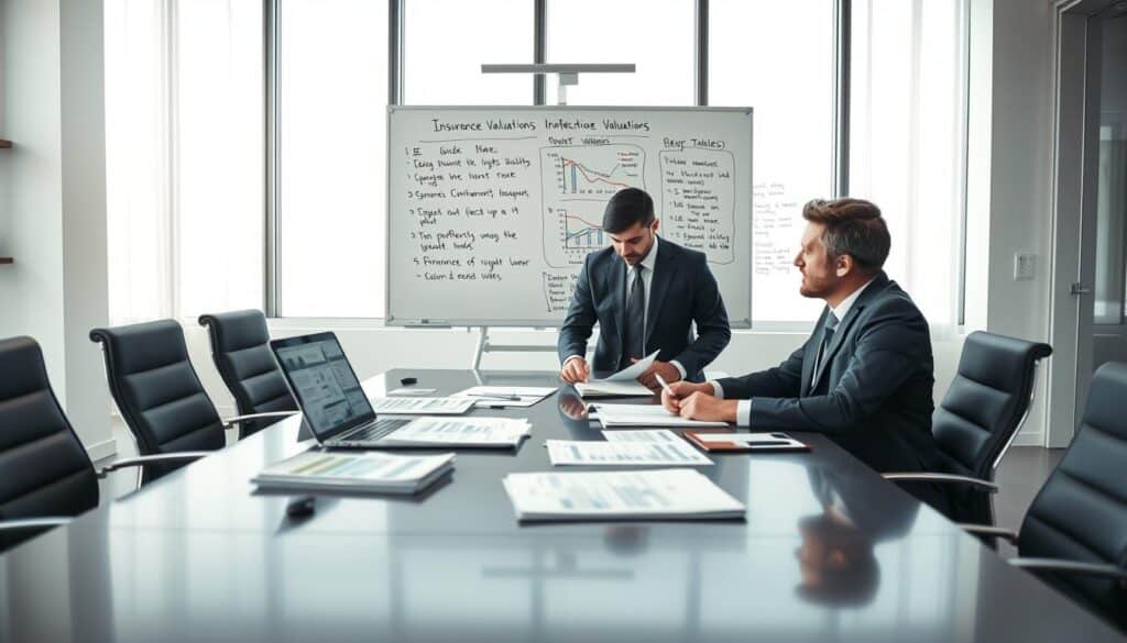 A professional and modern office setting, showcasing a sleek conference table adorned with documents and reports detailing insurance valuations. In the foreground, two business professionals in smart suits are engaged in discussion, analyzing charts and figures projecting different insurance valuation estimates, with a laptop open displaying relevant data. The middle ground features a large whiteboard filled with notes and key takeaways that summarize essential insights about valuation differences between companies. In the background, floor-to-ceiling windows let in soft, natural light, creating a bright and focused atmosphere. The overall mood is one of professionalism and analytical rigor, suggesting a crucial moment of decision-making and evaluation. A professional and modern office setting, showcasing a sleek conference table adorned with documents and reports detailing insurance valuations. In the foreground, two business professionals in smart suits are engaged in discussion, analyzing charts and figures projecting different insurance valuation estimates, with a laptop open displaying relevant data. The middle ground features a large whiteboard filled with notes and key takeaways that summarize essential insights about valuation differences between companies. In the background, floor-to-ceiling windows let in soft, natural light, creating a bright and focused atmosphere. The overall mood is one of professionalism and analytical rigor, suggesting a crucial moment of decision-making and evaluation.