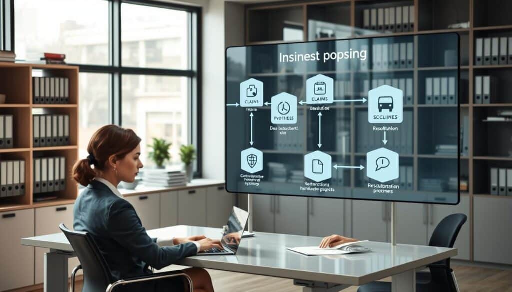 A professional and organized office scene focused on the "claims reporting process." In the foreground, a well-dressed businesswoman sits at a modern desk, reviewing claim documents and using a laptop. In the middle ground, a large digital display shows a flowchart of the claims process, with icons representing different stages such as notification, assessment, and resolution. The background features shelves filled with insurance books and a large window, letting in soft, natural lighting that creates a calm and focused atmosphere. The overall mood is serious and professional, emphasizing diligence and clarity in the insurance claim process. A professional and organized office scene focused on the "claims reporting process." In the foreground, a well-dressed businesswoman sits at a modern desk, reviewing claim documents and using a laptop. In the middle ground, a large digital display shows a flowchart of the claims process, with icons representing different stages such as notification, assessment, and resolution. The background features shelves filled with insurance books and a large window, letting in soft, natural lighting that creates a calm and focused atmosphere. The overall mood is serious and professional, emphasizing diligence and clarity in the insurance claim process.