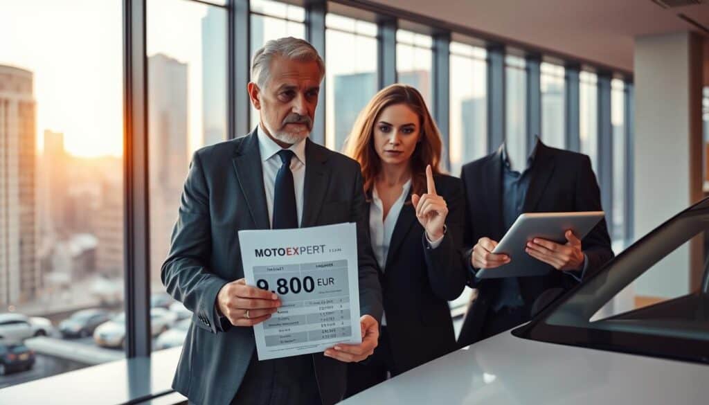 A professional and sleek office environment with two business professionals discussing car valuation options. In the foreground, a middle-aged man in formal business attire, with a focused expression, holds a document labeled "MOTOEXPERT 9,800 EUR". Beside him, a woman in smart casual clothing, looking intrigued, points at a digital tablet displaying comparative valuation charts. In the background, a large window reveals a bustling urban skyline, bathed in warm ambient light, suggesting late afternoon. The lighting casts soft shadows and creates a sophisticated atmosphere. Both characters should look engaged and analytical, emphasizing the advantages of MOTOEXPERT's valuation. No text or logos in the image.