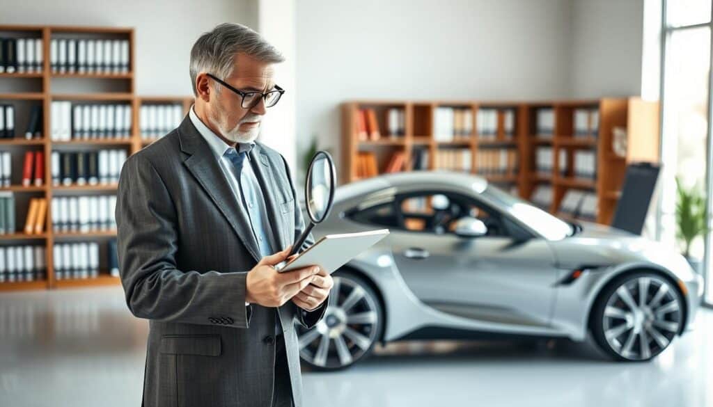 A professional appraiser examining a vehicle in a bright, modern office environment. In the foreground, a middle-aged man wearing a tailored suit is intently inspecting the car’s exterior, using a clipboard and a magnifying glass for detailed examination. The appraiser's expression is focused and analytical. In the middle, a sleek luxury car is parked, showing clear details of its bodywork and tires. The background features shelves filled with industry textbooks and a large window offering natural light, illuminating the scene with a warm glow. The overall mood is contemplative and serious, reflecting professionalism and expertise in vehicle assessment, highlighting the importance of accurate valuations in insurance claims.