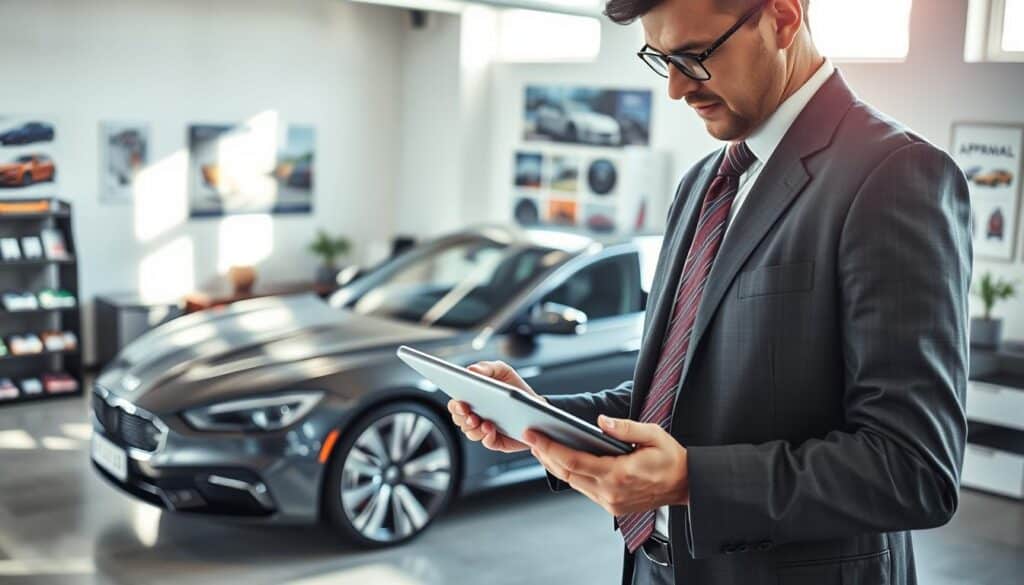 A professional automotive appraisal expert, dressed in formal business attire, examining a vehicle in a well-lit office environment. The foreground features a detailed close-up of the expert using advanced appraisal tools, including a digital tablet displaying car valuation data. In the middle ground, a sleek car is parked, showcasing its gleaming body and intricate details, while the background reveals a clutter-free, modern office with automotive posters and appraisal documents neatly arranged. Soft, natural lighting filters through a window, casting gentle shadows across the scene, creating a focused and professional atmosphere, reflecting the meticulous nature of vehicle valuation. The overall mood is one of expertise and precision in automotive assessment. A professional automotive appraisal expert, dressed in formal business attire, examining a vehicle in a well-lit office environment. The foreground features a detailed close-up of the expert using advanced appraisal tools, including a digital tablet displaying car valuation data. In the middle ground, a sleek car is parked, showcasing its gleaming body and intricate details, while the background reveals a clutter-free, modern office with automotive posters and appraisal documents neatly arranged. Soft, natural lighting filters through a window, casting gentle shadows across the scene, creating a focused and professional atmosphere, reflecting the meticulous nature of vehicle valuation. The overall mood is one of expertise and precision in automotive assessment.