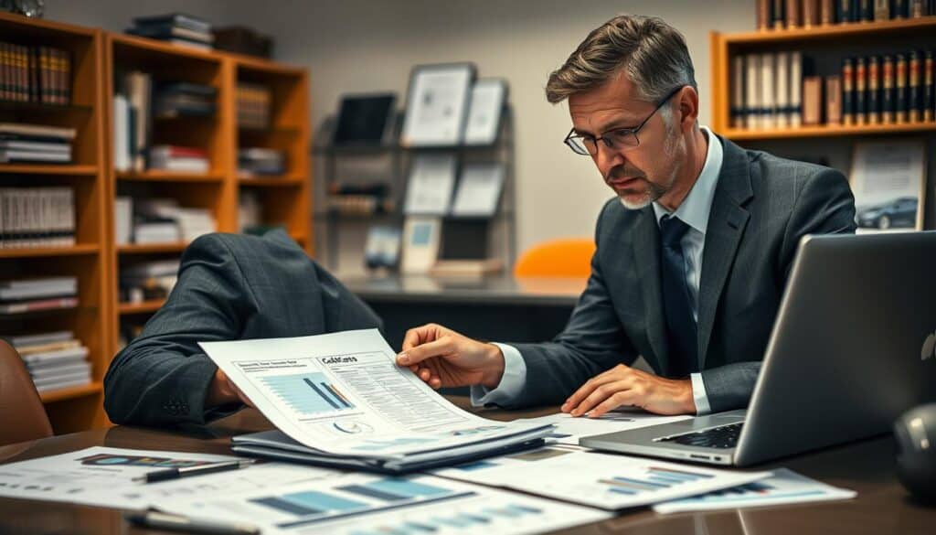 A professional automotive appraiser assessing vehicle data in a well-lit office environment. The foreground features a focused middle-aged man wearing a smart business suit, examining a detailed report on his desk, with a laptop open beside him displaying data analysis. In the middle ground, there are various automotive documents and charts spread across the desk, along with a high-resolution image of a car on the screen. The background shows a bookshelf filled with automotive books and certifications, emphasizing expertise. The lighting is soft and warm, creating a serious yet inviting atmosphere, with a slight focus blur on the background to draw attention to the appraiser and his work. The overall mood conveys professionalism and diligence in vehicle valuation.