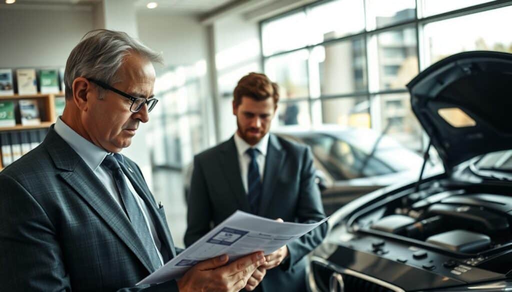A professional automotive appraiser evaluating a vehicle in a bright, modern office environment. In the foreground, the appraiser—a middle-aged man in a tailored suit, wearing glasses—analyzes a detailed inspection report with a focused expression. In the middle ground, a sleek, luxury car is parked inside the office, with its hood slightly open, showcasing the engine. The background includes shelves filled with car manuals and a large window allowing natural light to illuminate the scene, casting soft shadows. The atmosphere is serious yet constructive, conveying expertise and attention to detail. The image employs a 35mm lens perspective, enhancing the depth of the scene.