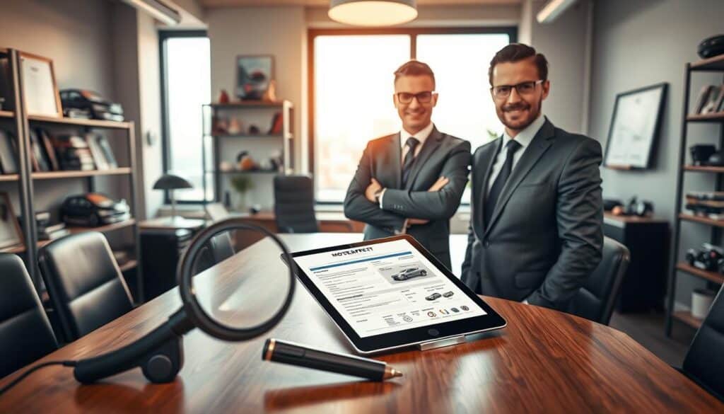A professional automotive appraiser, labeled as "Rzeczoznawca MOTOEXPERT," stands confidently in a well-lit office environment, showcasing a detailed vehicle appraisal report on a sleek wooden desk. The subject is dressed in smart, professional business attire, emphasizing expertise. In the foreground, a magnifying glass and a digital tablet displaying vehicle specifications are visible, symbolizing meticulous analysis. The middle ground features a large window with natural light filtering in, illuminating various automotive tools and a framed certificate on the wall, underscoring credibility. The background consists of office elements like bookshelves filled with automotive manuals and a soft-focus cityscape outside the window. The atmosphere conveys professionalism, trustworthiness, and a commitment to quality service, framed with warm lighting to evoke a welcoming environment.