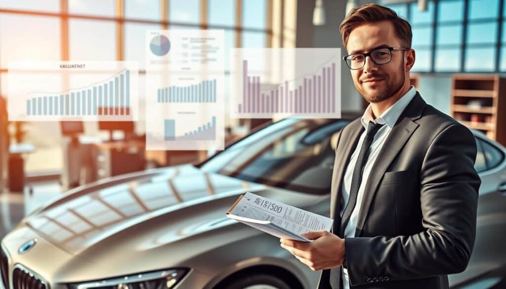 A professional automotive appraiser, wearing a sharp suit and glasses, stands confidently in the foreground, examining a luxury car with a detailed notepad in hand. The car gleams under soft, warm lighting, highlighting its features, while charts and graphs depicting valuation data float subtly in the background, hinting at the comparison between insurance estimates. The middle ground shows a modern office setting with high-tech tools and a large window revealing a clear blue sky. The overall mood is analytical yet optimistic, symbolizing a thorough and professional assessment of the vehicle's value, encapsulating the essence of MOTOEXPERT. The camera angle is slightly elevated, providing a comprehensive view of the car and appraiser, enhancing the narrative of expertise and trustworthiness in automotive valuation. A professional automotive appraiser, wearing a sharp suit and glasses, stands confidently in the foreground, examining a luxury car with a detailed notepad in hand. The car gleams under soft, warm lighting, highlighting its features, while charts and graphs depicting valuation data float subtly in the background, hinting at the comparison between insurance estimates. The middle ground shows a modern office setting with high-tech tools and a large window revealing a clear blue sky. The overall mood is analytical yet optimistic, symbolizing a thorough and professional assessment of the vehicle's value, encapsulating the essence of MOTOEXPERT. The camera angle is slightly elevated, providing a comprehensive view of the car and appraiser, enhancing the narrative of expertise and trustworthiness in automotive valuation.