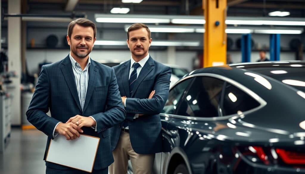 A professional automotive expert, known as "rzeczoznawca MOTOEXPERT," stands confidently beside a sleek, modern car in an industrial setting. The foreground features the expert in a tailored navy blue suit, holding a clipboard, examining the vehicle with a focused expression. In the middle ground, the car is polished to gleam, showcasing its design elegance. The background reveals an auto repair shop with tools and equipment subtly blurred, giving context to the car valuation process. Soft, diffused lighting illuminates the scene, highlighting the subject's professionalism while casting gentle shadows for depth. The mood is serious yet optimistic, capturing the importance of accurate vehicle assessment in a competitive market.