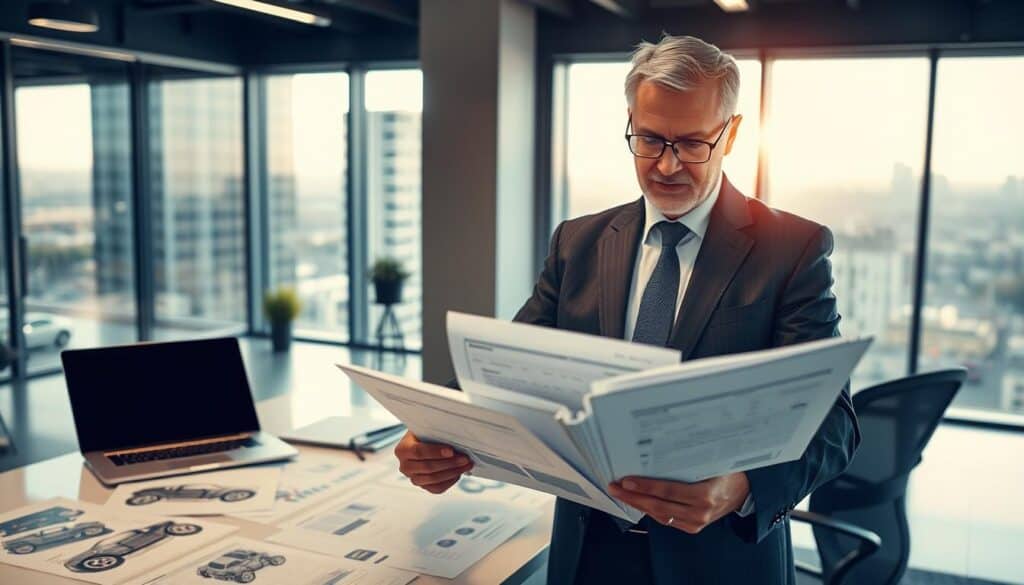 A professional automotive expert named MOTOEXPERT, depicted in a modern office setting, reviewing vehicle valuation documents. The foreground features the expert, a middle-aged man in a sharp business suit, intently analyzing a large folder filled with detailed reports. The middle ground showcases a sleek, bright desk cluttered with automotive diagrams and valuation charts, with a laptop displaying relevant data. The background reveals a large window with natural light streaming in, illuminating the office and giving a view of a bustling cityscape. The atmosphere conveys professionalism and expertise, with a focus on accuracy and detail in automotive valuation, all under a warm and inviting lighting scheme. The image should be devoid of any text or logos. A professional automotive expert named MOTOEXPERT, depicted in a modern office setting, reviewing vehicle valuation documents. The foreground features the expert, a middle-aged man in a sharp business suit, intently analyzing a large folder filled with detailed reports. The middle ground showcases a sleek, bright desk cluttered with automotive diagrams and valuation charts, with a laptop displaying relevant data. The background reveals a large window with natural light streaming in, illuminating the office and giving a view of a bustling cityscape. The atmosphere conveys professionalism and expertise, with a focus on accuracy and detail in automotive valuation, all under a warm and inviting lighting scheme. The image should be devoid of any text or logos.