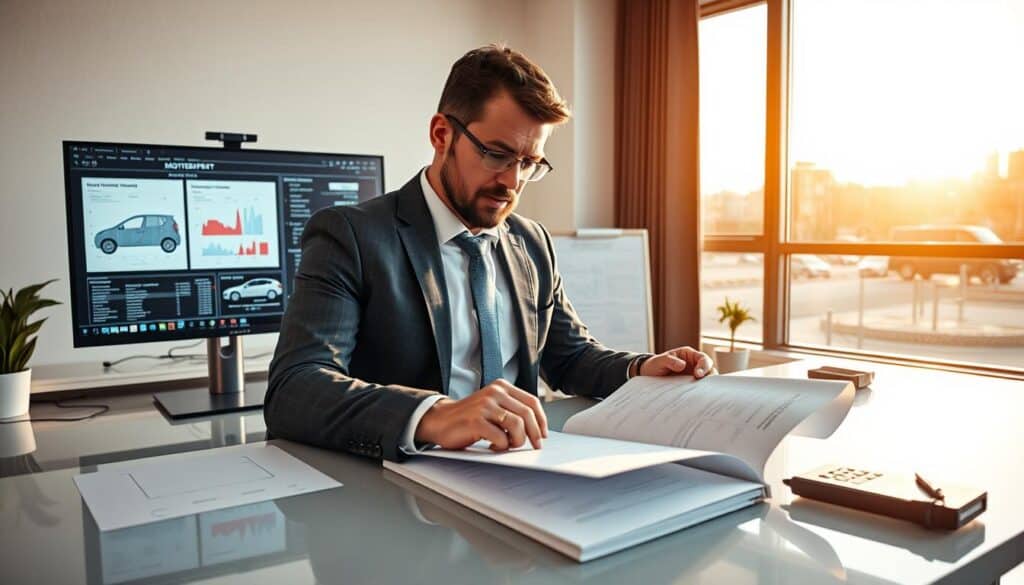 A professional automotive expert, the "rzeczoznawca MOTOEXPERT," is depicted in a well-lit office environment, emphasizing their expertise and authority. In the foreground, the expert is dressed in a crisp business suit, attentively reviewing detailed automotive assessment documents spread across a sleek desk. The middle ground features a modern computer displaying diagrams and statistics related to vehicle valuations. In the background, a large window reveals a sunny day outside, casting natural light and creating a warm, inviting atmosphere. The overall mood is one of professionalism and confidence, underscoring the benefits and quality of MOTOEXPERT’s evaluation services compared to competitors. The image has a sharp focus, shot at eye level to enhance relatability and engagement. A professional automotive expert, the "rzeczoznawca MOTOEXPERT," is depicted in a well-lit office environment, emphasizing their expertise and authority. In the foreground, the expert is dressed in a crisp business suit, attentively reviewing detailed automotive assessment documents spread across a sleek desk. The middle ground features a modern computer displaying diagrams and statistics related to vehicle valuations. In the background, a large window reveals a sunny day outside, casting natural light and creating a warm, inviting atmosphere. The overall mood is one of professionalism and confidence, underscoring the benefits and quality of MOTOEXPERT’s evaluation services compared to competitors. The image has a sharp focus, shot at eye level to enhance relatability and engagement.