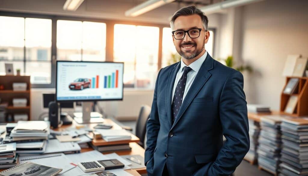 A professional automotive expert, wearing a sharp navy blue suit and glasses, stands confidently in an office filled with vehicle appraisal tools and documents. The foreground showcases a detailed desk cluttered with automotive manuals, a calculator, and high-resolution images of various vehicles under consideration for valuation. In the middle ground, there's a sleek, modern computer displaying valuation software and a chart comparing prices. The background features a large window allowing warm, natural light to flood the room, creating a bright and focused atmosphere. The overall mood conveys professionalism and expertise, ideal for highlighting the valuation methods used by MOTOEXPERT. The scene is shot from a slight angle, enhancing the depth and perspective while maintaining a clean, polished look. A professional automotive expert, wearing a sharp navy blue suit and glasses, stands confidently in an office filled with vehicle appraisal tools and documents. The foreground showcases a detailed desk cluttered with automotive manuals, a calculator, and high-resolution images of various vehicles under consideration for valuation. In the middle ground, there's a sleek, modern computer displaying valuation software and a chart comparing prices. The background features a large window allowing warm, natural light to flood the room, creating a bright and focused atmosphere. The overall mood conveys professionalism and expertise, ideal for highlighting the valuation methods used by MOTOEXPERT. The scene is shot from a slight angle, enhancing the depth and perspective while maintaining a clean, polished look.