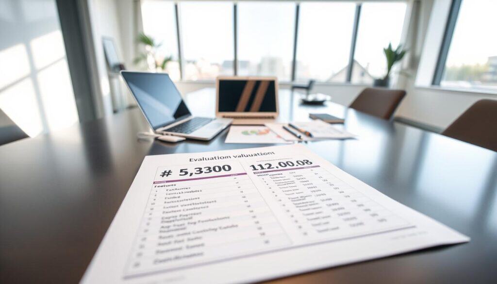 A professional business setting showcasing two contrasting valuation figures on a sleek, modern desk. In the foreground, a detailed analysis sheet displays the values "5,300 EUR" and "12,000 EUR" prominently, with charts comparing features and benefits of each valuation. In the middle, a laptop and financial documents are arranged neatly, emphasizing a sense of research and analysis. The background features a bright office with large windows letting in natural light, casting soft shadows, adding a sense of clarity and focus. The overall mood is analytical yet approachable, with a clean, organized aesthetic that conveys professionalism and insight into the evaluation process. Camera angle: eye-level, focusing on the desk setup.