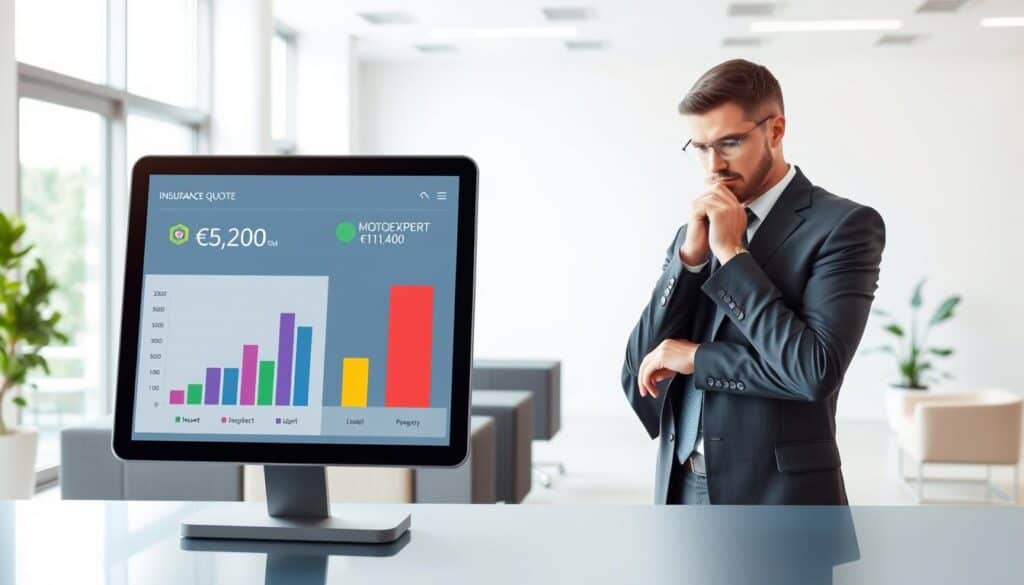 A professional comparison between two insurance quotes, illustrated in a clean, modern style. In the foreground, a sleek digital interface displays two side-by-side charts, one labeled "Insurer A: €6,200" and the other "MOTOEXPERT: €11,400," with colorful graphics highlighting differences. The middle ground features a thoughtful business professional, dressed in business attire, analyzing the data on a tablet, showcasing focus and determination. In the background, a minimalist office space with contemporary furnishings and gentle natural light filtering through large windows, creating a calm and analytical atmosphere. The overall mood conveys professionalism and clarity, emphasizing the importance of financial comparisons in decision-making. A professional comparison between two insurance quotes, illustrated in a clean, modern style. In the foreground, a sleek digital interface displays two side-by-side charts, one labeled "Insurer A: €6,200" and the other "MOTOEXPERT: €11,400," with colorful graphics highlighting differences. The middle ground features a thoughtful business professional, dressed in business attire, analyzing the data on a tablet, showcasing focus and determination. In the background, a minimalist office space with contemporary furnishings and gentle natural light filtering through large windows, creating a calm and analytical atmosphere. The overall mood conveys professionalism and clarity, emphasizing the importance of financial comparisons in decision-making.