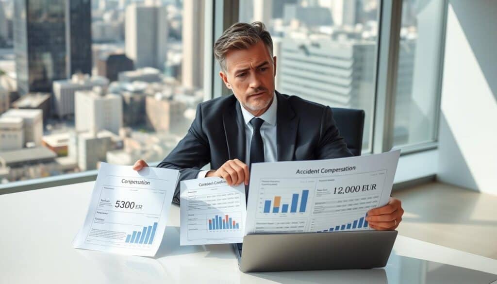 A professional financial advisor sits at a sleek, modern office desk, analyzing two contrasting compensation documents: one for 5,300 EUR and another for 12,000 EUR. The advisor, a middle-aged man in a smart suit, looks thoughtful and concerned, with a laptop open in front of him displaying graphs and charts reflecting accident compensation analysis. In the background, a large window offers a view of a bustling cityscape, symbolizing the real-world impact of the financial decisions. The lighting is bright and natural, creating a productive atmosphere. The image captures a moment of intense analysis, reflecting the challenges faced by a victim seeking fair compensation. The composition should focus on professional nuances, emphasizing the importance of proper assessment and advocacy in insurance situations.