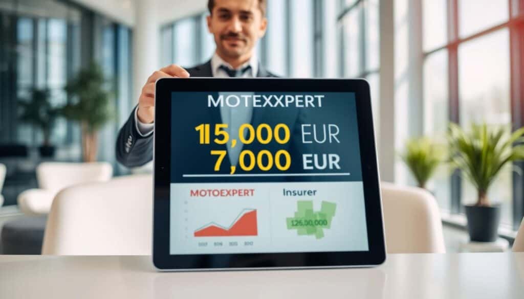 A professional financial consultant standing confidently in an office, discussing the benefits of MOTOEXPERT car valuation over traditional insurer estimates. In the foreground, the consultant is dressed in a smart business suit, pointing towards a digital presentation on a sleek tablet that displays graphs and figures. In the middle ground, a blurred image of a comparison chart showcases "MOTOEXPERT 15,000 EUR" in bold colors contrasting with "Insurer 7,500 EUR," emphasizing the difference. The background features a modern office setting with large windows letting in natural light, creating a bright and optimistic atmosphere. The overall mood is professional, encouraging, and focused on the advantages of using MOTOEXPERT for vehicle valuation. The angle is slightly from above, capturing both the consultant and the tablet screen effectively.