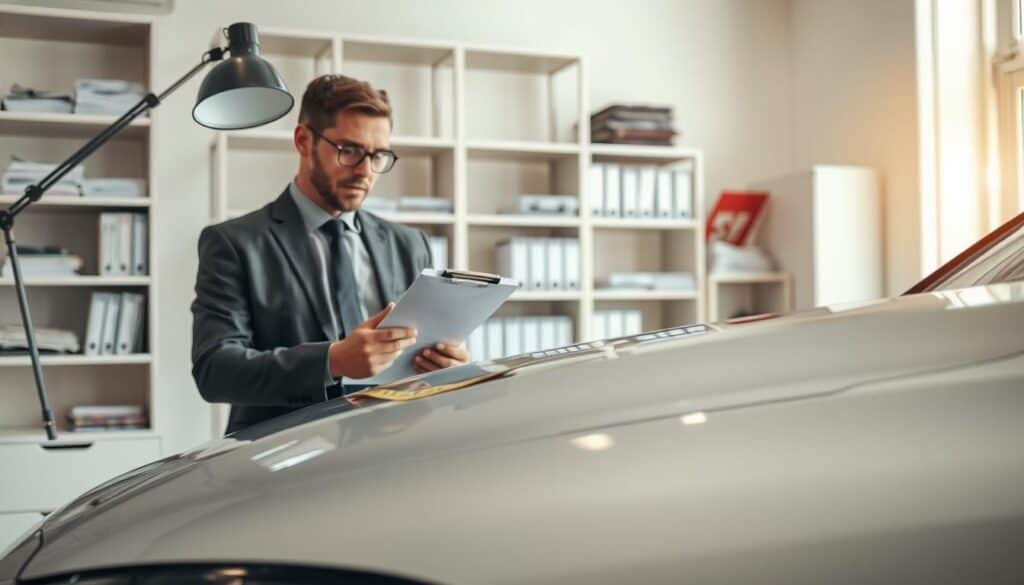 A professional insurance adjuster meticulously examining vehicle damage in a clean and well-lit office environment. In the foreground, the adjuster, dressed in smart business attire, is holding a clipboard and analyzing a damaged car's fender under a focused desk lamp. In the middle ground, a detailed close-up of the car showing visible dents and scratches, with a measuring tape laid out beside it to indicate precise evaluation. In the background, shelves filled with assessment guides and documents create an organized atmosphere. Natural light filters through a window, enhancing the sense of professionalism and diligence in the air, while the overall mood conveys seriousness and attentiveness to detail in the damage assessment process.