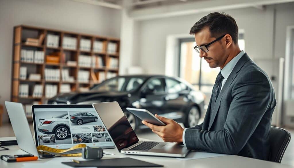 A professional insurance appraiser evaluating a vehicle in a well-lit modern office setting. In the foreground, a focused appraiser, wearing smart business attire, examines a car's damage with a digital tablet, showcasing a blend of concentration and expertise. The middle ground features detailed images of the damaged car alongside various tools used for appraisal, such as a tape measure and a laptop displaying relevant data. The background includes shelves filled with reference books and a large window letting in natural light, creating an atmosphere of professionalism and diligence. The composition is balanced with soft, neutral lighting that emphasizes the serious and analytical mood of the scene, shot from a slightly elevated angle to capture all elements harmoniously.