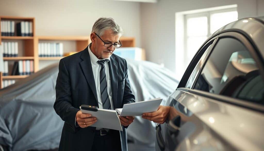 A professional insurance appraiser examines a damaged vehicle in a well-lit office setting. In the foreground, the appraiser, a middle-aged man in a business suit with glasses, carefully inspects the vehicle's dented side with a clipboard in hand. The middle ground features the partially covered car, highlighting visible damage and examination tools like a measuring tape and digital camera. The background shows shelves filled with insurance books and a window with natural light streaming in, casting soft shadows. The mood is focused and analytical, emphasizing the importance of accuracy in the appraisal process. The scene is captured with a slightly elevated angle to give an overview of the setting, using soft, warm lighting to create a professional atmosphere.