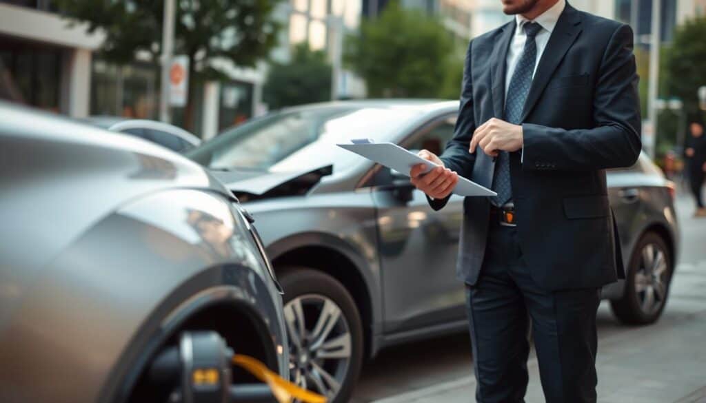 A professional insurance appraiser stands next to a damaged vehicle in an urban setting, examining it closely. The appraiser, dressed in a smart business suit with a clipboard in hand, reflects a focused demeanor. In the foreground, detailed elements include the appraiser's tools like a camera and measuring tape, emphasizing their technical expertise. The midground captures the damaged car with visible dents and scratches, highlighting the need for valuation services. In the background, blurred city elements hint at a bustling urban environment. Soft, natural lighting enhances the professionalism of the scene, creating a serious and thoughtful mood. The angle is slightly low, adding a sense of importance to the appraiser's role in the valuation process.