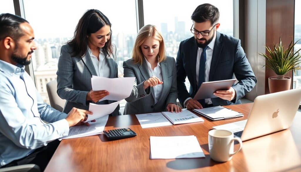 A professional insurance evaluator analyzing insurance quotes in a modern office setting. In the foreground, a diverse team of three professionals—two men and one woman—are dressed in business attire, studying documents and using a laptop. The woman, with an analytical expression, points at a digital chart showing fluctuating values. In the middle ground, an elegant wooden desk is adorned with financial papers, a calculator, and a coffee mug. In the background, a large window reveals a cityscape with a clear skyline. The lighting is bright and natural, casting soft shadows to create an inviting atmosphere. The overall mood is focused and collaborative, conveying the process of evaluating insurance claims with diligence and expertise.