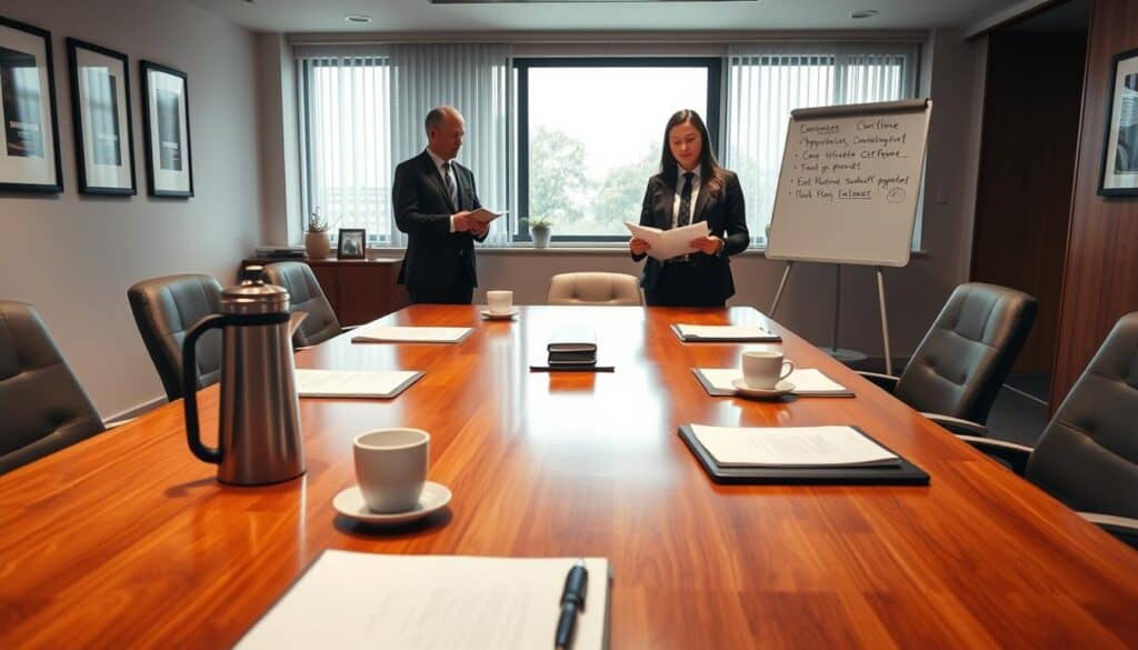 A professional meeting room prepared for an appraisal expert's visit. In the foreground, a polished wooden conference table is set with neatly arranged documents, a laptop, and a notepad with a pen. A coffee pot and cups are placed on one side, exuding a welcoming atmosphere. In the middle, a large window allows natural light to stream in, illuminating the room. On the walls, there are framed certificates and a whiteboard with key points written down for discussion. In the background, two individuals dressed in professional business attire, a man and a woman, are reviewing documents, conveying a sense of focus and collaboration. The overall mood is serious yet optimistic, with warm lighting creating a comfortable environment for the upcoming meeting.