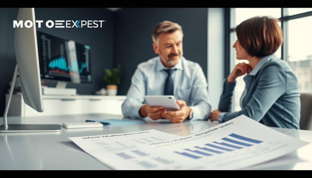 A professional office environment showcases a modern workspace, with a sleek desk and a computer displaying vehicle valuation data. In the foreground, a well-dressed business expert, a middle-aged man, is discussing details with a client, who is attentively listening. On the desk, there is a clear document with charts and figures representing vehicle valuations, emphasizing the precision of MOTOEXPERT's service. The background features a large window with soft natural light streaming in, creating a welcoming and knowledgeable atmosphere. The colors are calm and professional, with blues and grays dominating the palette. The angle is slightly elevated, capturing both individuals in conversation, highlighting the theme of trust and expertise in vehicle assessment. A professional office environment showcases a modern workspace, with a sleek desk and a computer displaying vehicle valuation data. In the foreground, a well-dressed business expert, a middle-aged man, is discussing details with a client, who is attentively listening. On the desk, there is a clear document with charts and figures representing vehicle valuations, emphasizing the precision of MOTOEXPERT's service. The background features a large window with soft natural light streaming in, creating a welcoming and knowledgeable atmosphere. The colors are calm and professional, with blues and grays dominating the palette. The angle is slightly elevated, capturing both individuals in conversation, highlighting the theme of trust and expertise in vehicle assessment.