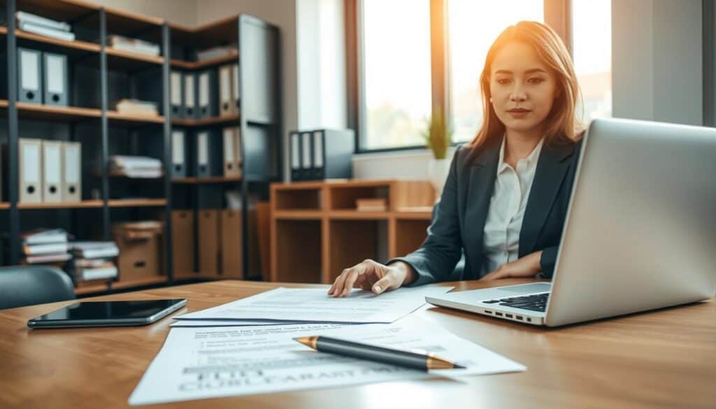 A professional office environment showcasing the "process of filing a complaint" with a focus on clarity and organization. In the foreground, a confident businesswoman in professional attire is sitting at a desk, reviewing documents related to an insurance claim. The middle ground features a table with neatly arranged papers, a laptop displaying a complaint form, and a pen poised for signature. The background includes shelves filled with folders and a large window allowing soft natural light to illuminate the scene. The lighting is warm and inviting, creating a serious yet approachable atmosphere. The camera angle is slightly elevated, capturing the entire workspace while keeping the focus on the act of documentation and procedural steps involved in filing a complaint.