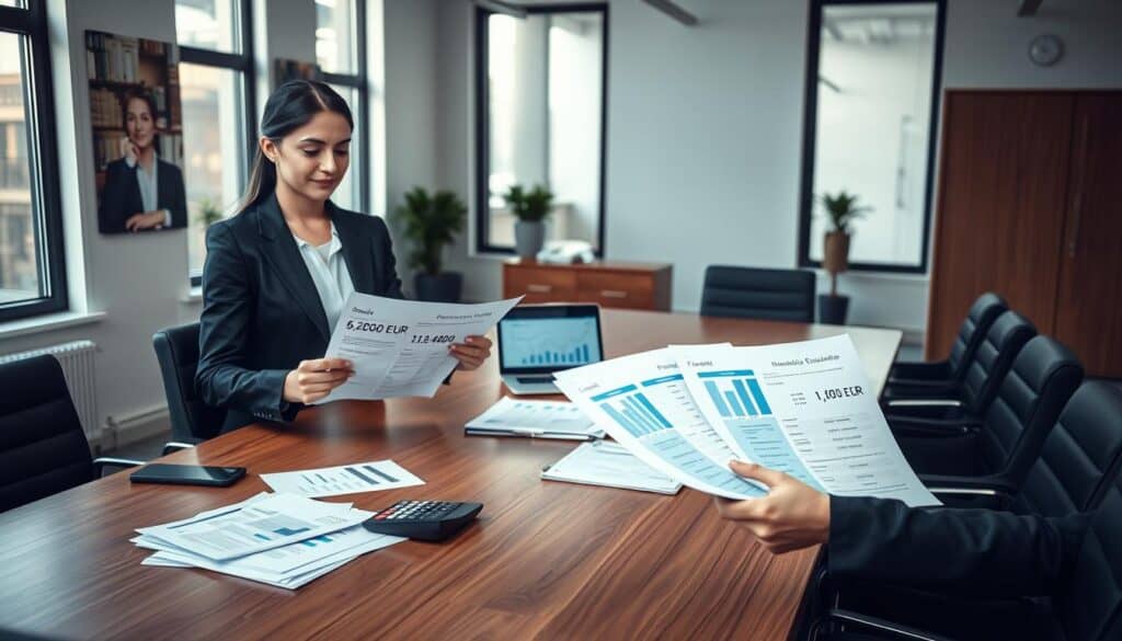 A professional office environment showcasing two contrasting financial evaluations. In the foreground, a confident businesswoman in a smart blazer studies two reports, one labeled “6,200 EUR” and the other “11,400 EUR,” with a thoughtful expression. In the middle ground, an elegant wooden conference table is stacked with financial documents, calculators, and a laptop displaying graphs. The background features a modern office space with large windows letting in soft, natural light, casting gentle shadows. The mood is serious yet hopeful, reflecting the importance of informed decision-making. The scene is captured with a wide-angle lens to encompass the entire setting, balancing clarity and depth. A professional office environment showcasing two contrasting financial evaluations. In the foreground, a confident businesswoman in a smart blazer studies two reports, one labeled “6,200 EUR” and the other “11,400 EUR,” with a thoughtful expression. In the middle ground, an elegant wooden conference table is stacked with financial documents, calculators, and a laptop displaying graphs. The background features a modern office space with large windows letting in soft, natural light, casting gentle shadows. The mood is serious yet hopeful, reflecting the importance of informed decision-making. The scene is captured with a wide-angle lens to encompass the entire setting, balancing clarity and depth.