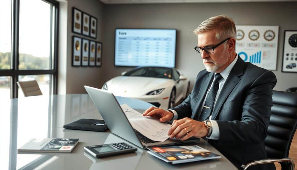 A professional office scene focused on the process of car valuation. In the foreground, a middle-aged man in a smart business suit is intently analyzing a detailed car valuation report on a modern laptop. A calculator and a few car brochures are spread out on a sleek conference table. In the middle ground, a large window reveals a bright day outside, casting soft natural light throughout the room. The walls of the office are adorned with framed automotive awards and charts illustrating market trends. In the background, a sophisticated digital screen displays comparative valuation figures. The overall atmosphere is serious and analytical, emphasizing the importance of accurate car pricing and expert assessments in a confident, polished business setting.