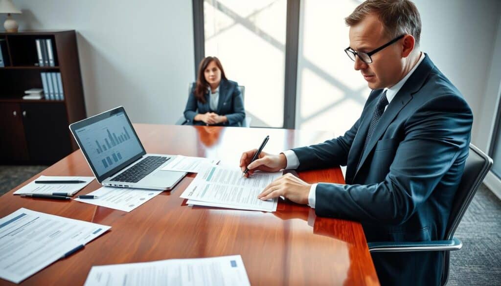 A professional office setting depicting the insurance claim process. In the foreground, a confident insurance adjuster in a smart business suit is reviewing documents on a polished wooden desk, surrounded by various claim forms and a laptop displaying graphs. The middle ground features a concerned policyholder seated across the desk, dressed in business casual attire, holding a pen and looking at the adjuster. Behind them, a large window lets in soft natural light, casting gentle shadows across the room. The overall atmosphere is one of seriousness but with a sense of hope and professionalism. The colors are a mix of warm tones and cool blues, creating a balanced, inviting feel.