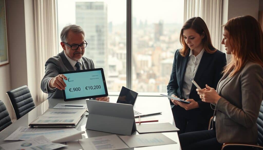 A professional office setting depicting two financial analysts in business attire engaged in a discussion. In the foreground, one analyst, a middle-aged man with glasses, points at a digital tablet displaying two figures: “€4,900” and “€10,200.” The other analyst, a young woman with a notepad, listens intently, scribbling notes. In the middle ground, a large window allows natural light to flood the room, illuminating a modern conference table cluttered with papers, a laptop, and financial charts. In the background, a cityscape is visible through the window, suggesting a bustling urban environment. The atmosphere is serious yet collaborative, reflecting a detailed analysis of insurance valuations. Use a warm color palette to create a welcoming and professional mood. A professional office setting depicting two financial analysts in business attire engaged in a discussion. In the foreground, one analyst, a middle-aged man with glasses, points at a digital tablet displaying two figures: “€4,900” and “€10,200.” The other analyst, a young woman with a notepad, listens intently, scribbling notes. In the middle ground, a large window allows natural light to flood the room, illuminating a modern conference table cluttered with papers, a laptop, and financial charts. In the background, a cityscape is visible through the window, suggesting a bustling urban environment. The atmosphere is serious yet collaborative, reflecting a detailed analysis of insurance valuations. Use a warm color palette to create a welcoming and professional mood.